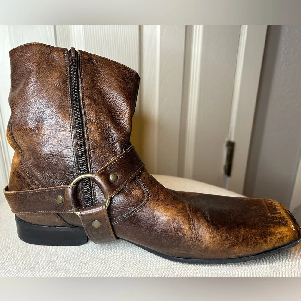 Impulse Men's Brown Leather Harness Boots Square Toe Biker Rocker Cowboy Sz 9